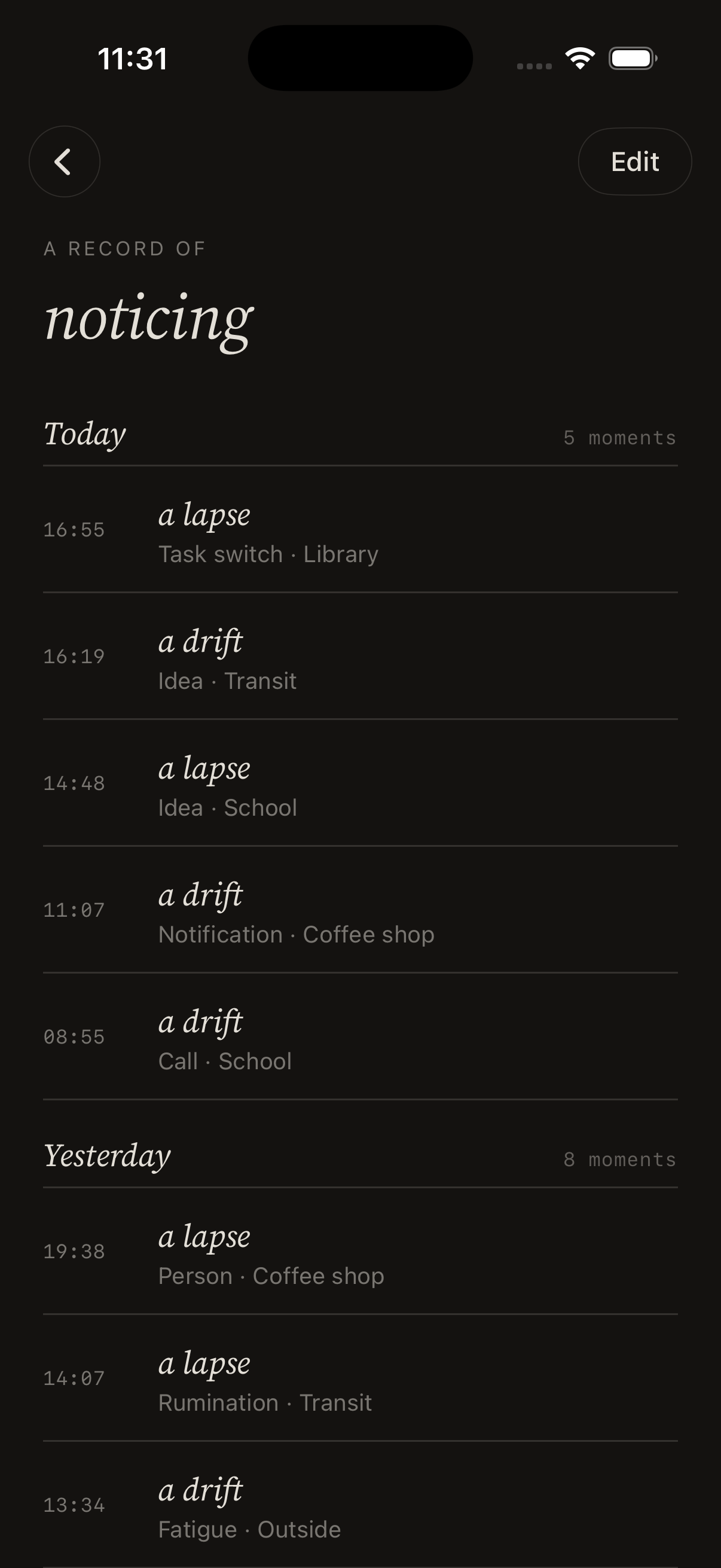 A list of noticed moments by day